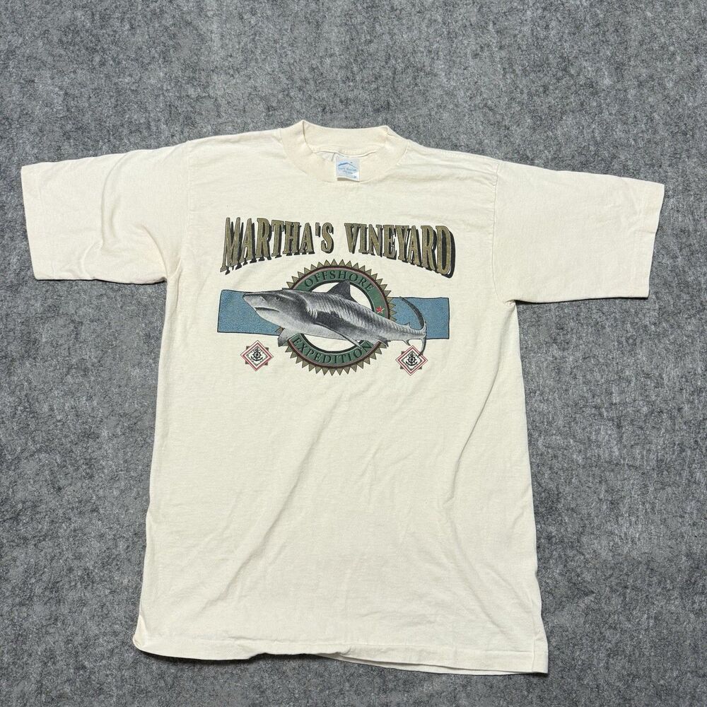 Vintage 90s Prairie Mountain Mens T-Shirt Size M Beige Marthas Vineyard USA Made